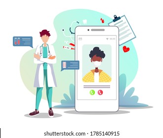 Doctor and phone with patient on the screen. Medical consultation, Online doctor, Tele medicine, Medicine clinic and health care concept. Isolated vector illustration for poster, banner,  commercial.