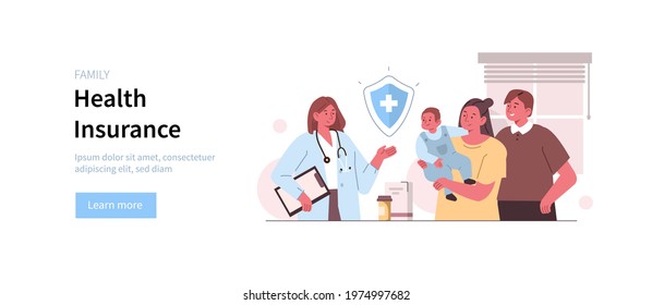 Doctor physician consulting young family with baby,  prescribing medication, offering health or life insurance program. Family medicine and health insurance concept. Flat cartoon vector illustration.
