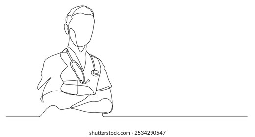 doctor physician crossed arms in one line drawing continuous. medical health care consultation minimalist art and copy space