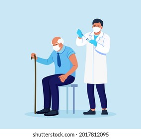 Doctor, physician giving a coronavirus vaccine to elderly man. Old people vaccination for immunity health for covid-19. Immunization of adults. Vector illustration