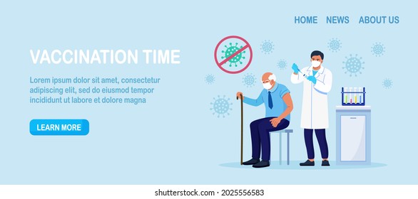 Doctor, physician giving a coronavirus vaccine to elderly man. Old people vaccination for immunity health for covid-19. Immunization of adults. Vector illustration
