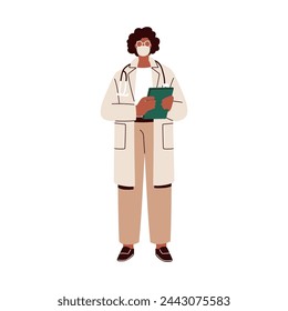 Doctor, physician in hospital uniform. Medic, general practitioner standing, holding clipboard, documents in hand. Medical healthcare worker. Flat vector illustration isolated on white background