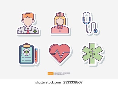 doctor or physician, nurse, stethoscope, medical record document, heart beat, emergency star. Medical and health sticker set icon. Vector Illustration