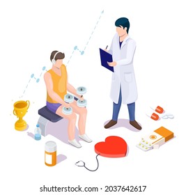 Doctor physician prescribing medicine, writing prescription for athlete training with dumbbells, flat vector isometric illustration. Sport pharmaceuticals, sport medicine concept.