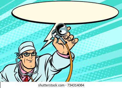Doctor physician with stethoscope says comic cloud