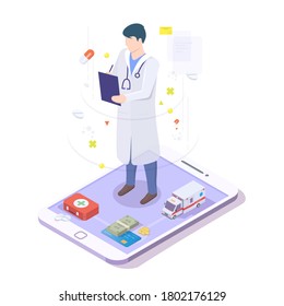 Doctor physician with stethoscope writing prescription on mobile phone screen, 3d isometric flat vector illustration. Online medical consultation, digital doctor appointment, healthcare mobile app.