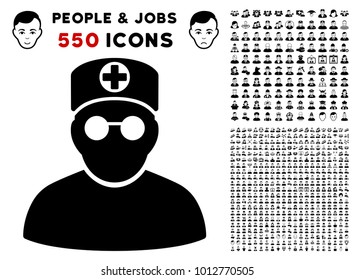 Doctor pictograph with 550 bonus pity and glad men pictograms. Vector illustration style is flat black iconic symbols.