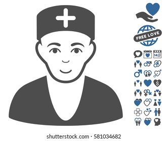 Doctor pictograph with bonus amour images. Vector illustration style is flat iconic cobalt and gray symbols on white background.