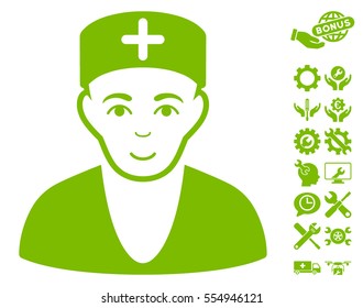 Doctor pictograph with bonus settings design elements. Vector illustration style is flat iconic eco green symbols on white background.
