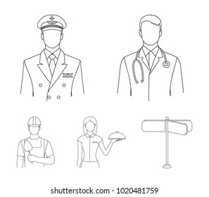 The doctor, the pilot, the waitress, the builder, the mason.Profession set collection icons in outline style vector symbol stock illustration web.