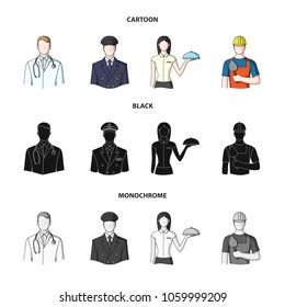 The doctor, the pilot, the waitress, the builder, the mason.Profession set collection icons in cartoon,black,monochrome style vector symbol stock illustration web.