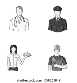 The doctor, the pilot, the waitress, the builder, the mason.Profession set collection icons in monochrome style vector symbol stock illustration .