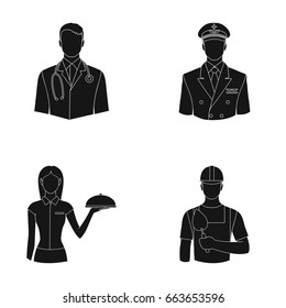 The doctor, the pilot, the waitress, the builder, the mason.Profession set collection icons in black style vector symbol stock illustration web.