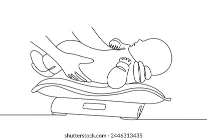 The doctor places the baby on the scale. Measuring the parameters of a newborn baby. Controlling the baby's weight.