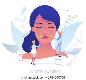 Doctor plastic surgeon drawing incision lines with marker on female face, flat vector illustration. Plastic surgery, cosmetic procedure. Aesthetic surgery. Facial rejuvenation.