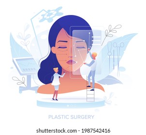 Doctor plastic surgeon drawing incision lines with marker on female face, flat vector illustration. Plastic surgery, cosmetic procedure. Chin, cheek enhancement. Facial contouring.