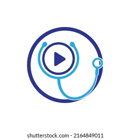 Plantilla de diseño de logotipo vectorial de juego de doctores. Diseño del logotipo del icono de estetioscopio y botón de reproducción.	