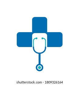 Médico más estetoscopio ilustración diseño de logotipo vectorial para símbolos médicos y sanitarios farmacia e icono clínico.