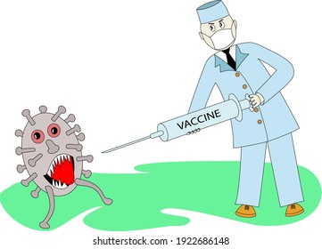 Doctor pointed syringe with vaccine against coronavirus at virus. Coronavirus retreats in horror.