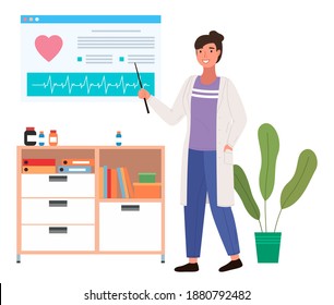 Doctor with pointer leads heart structure. Woman in medical gown points to heartbeat and pulse. Female therapist character on white background. Teacher in white coat conducts anatomy lesson