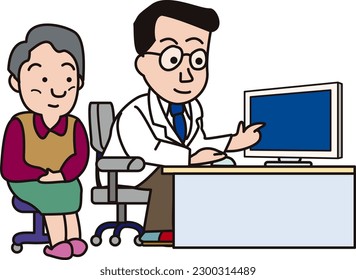 A doctor pointing at a computer monitor and explaining symptoms to a middle-aged female patient