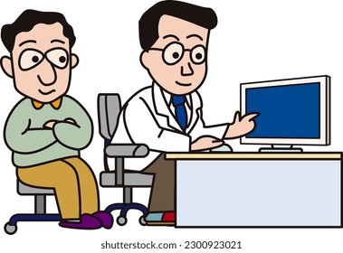 A doctor pointing at a computer monitor and explaining symptoms to a male patient