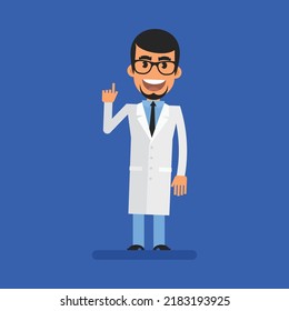 Doctor apuntando con el dedo y sonriendo. Gente plana. Ilustración vectorial