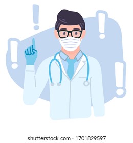 Doctor pointing finger up wearing protective Medical mask and gloves for prevent corona virus Covid-19. Male personage in gloves came up with medical idea, gesturing. Character giving advice