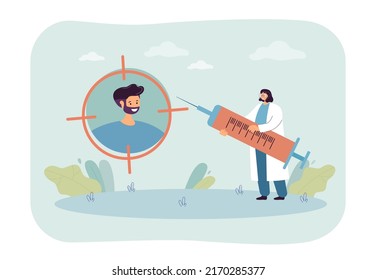 El doctor señala a un hombre con una jeringa de ilustración vectorial plana. Hombre vacunando contra el coronavirus o la gripe. Medicina, virus, concepto de vacunación para banner, diseño de sitios web o página web de aterrizaje