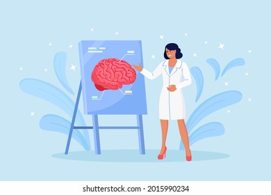 Doctor Pointing On Demonstration Board With Human Brain Explain Its Opportunities. Physician Or Scientist Teaching About Alzheimer, Dementia Disease Symptoms, Mental Sickness. Medical Conference.