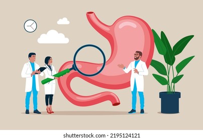 Doctor pointing on demonstration board with human Stomach explain its opportunities. Medical conference. Digestive system anatomy. 
Design element for gastroenterology, medicine, biology.