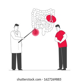 Doctor Pointing on Huge Intestines, Man Touching Stomach Painful Suffering from Stomachache Causes of Appendicitis Disease. Health and Healthcare Concept. Cartoon Flat Vector Illustration, Line Art