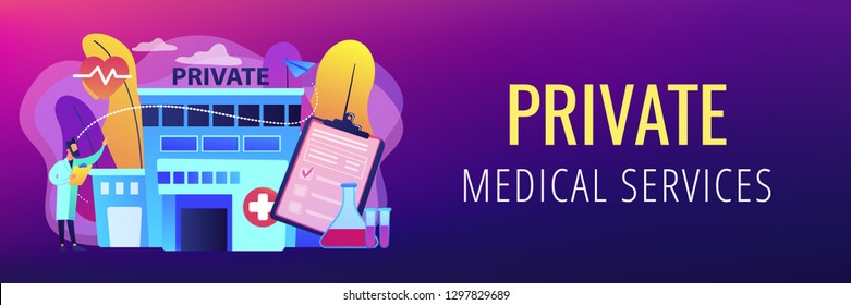 Doctor pointing at private healthcare center with medical services. Private healthcare, private medical services, health care center concept. Header or footer banner template with copy space.