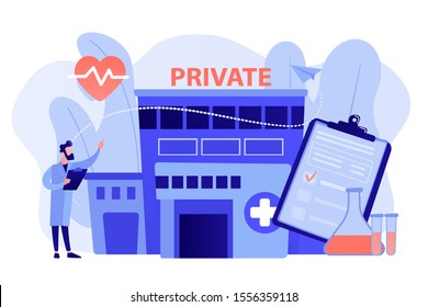 Doctor pointing at private healthcare center with medical services. Private healthcare, private medical services, health care center concept. Pinkish coral bluevector vector isolated illustration