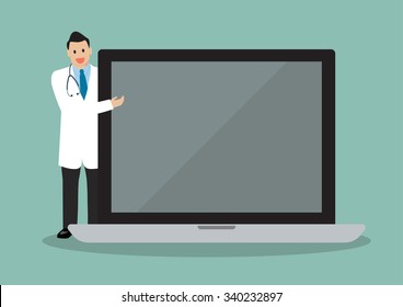 Doctor pointing to the screen of a laptop. vector illustration