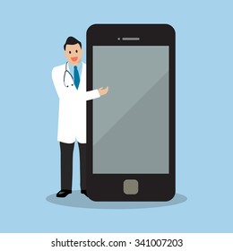 Doctor pointing to the screen of a smartphone. vector illustration