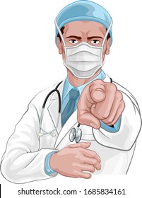 A doctor pointing at the viewer in a wants or needs you gesture in PPE protective mask. Medical concept