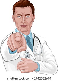 A doctor pointing at the viewer in a wants or needs you gesture. Medical concept