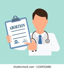 The doctor points to a document with the name abortion. Flat design, isolated background.