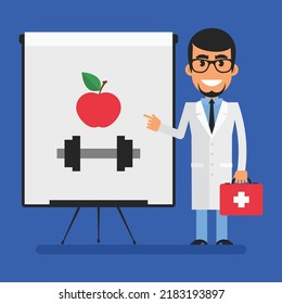 Doctor points to flip chart with picture apple and dumbbell. Flat people. Vector Illustration