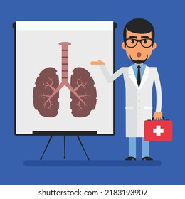 Doctor points to flip chart with picture diseased lungs. Flat people. Vector Illustration