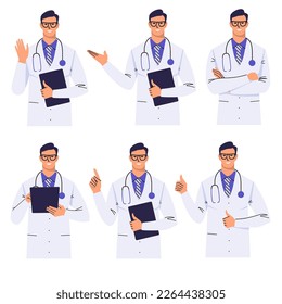 Doctor points with his hand, hands folded, thumbs up, instructs, greets, makes  note on the clipboard. Set of poses and gestures. Portrait in glasses, white coat and stethoscope. Flat vector isolated.