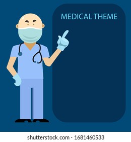 The doctor points with his index finger at the medical recommendations . Medical concept doctor makes a presentation. Doctor's recommendations are mandatory. Flat illustration. Vector