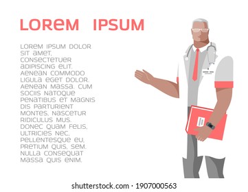 The doctor points to medical prescriptions and recommendations. Concept on the topic of medicine, health care. Vector illustration