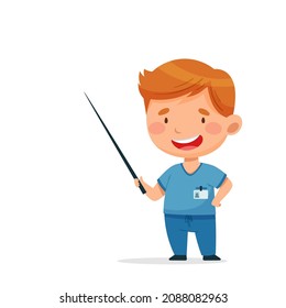 Doctor points points with a pointer. The man is talking. Vector postcard in cartoon style for design, print, patterns