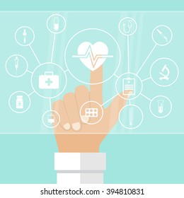 Doctor points to virtual touch screen keyboard on system of healthcare concept. Modern computer technology. Vector illustration flat design style. Medical abstract background. Web banners, printed