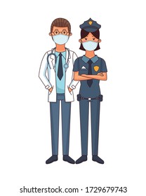 doctor and police woman using face masks vector illustration design