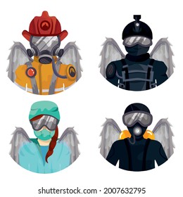 A doctor, a policeman, a diver, a firefighter with angel wings. Guardian angel. Saving someone's life. Dangerous work. Vector illustration for icons, websites and prints. A doctor in uniform. Uniform.