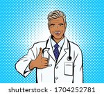 Doctor in pop art style. Vector background in comic style retro pop art. Illustration for print advertising and web.