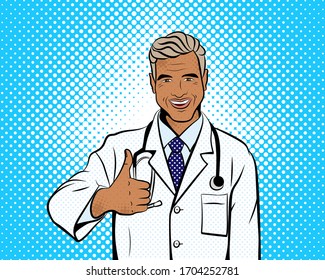 Doctor in pop art style. Vector background in comic style retro pop art. Illustration for print advertising and web.